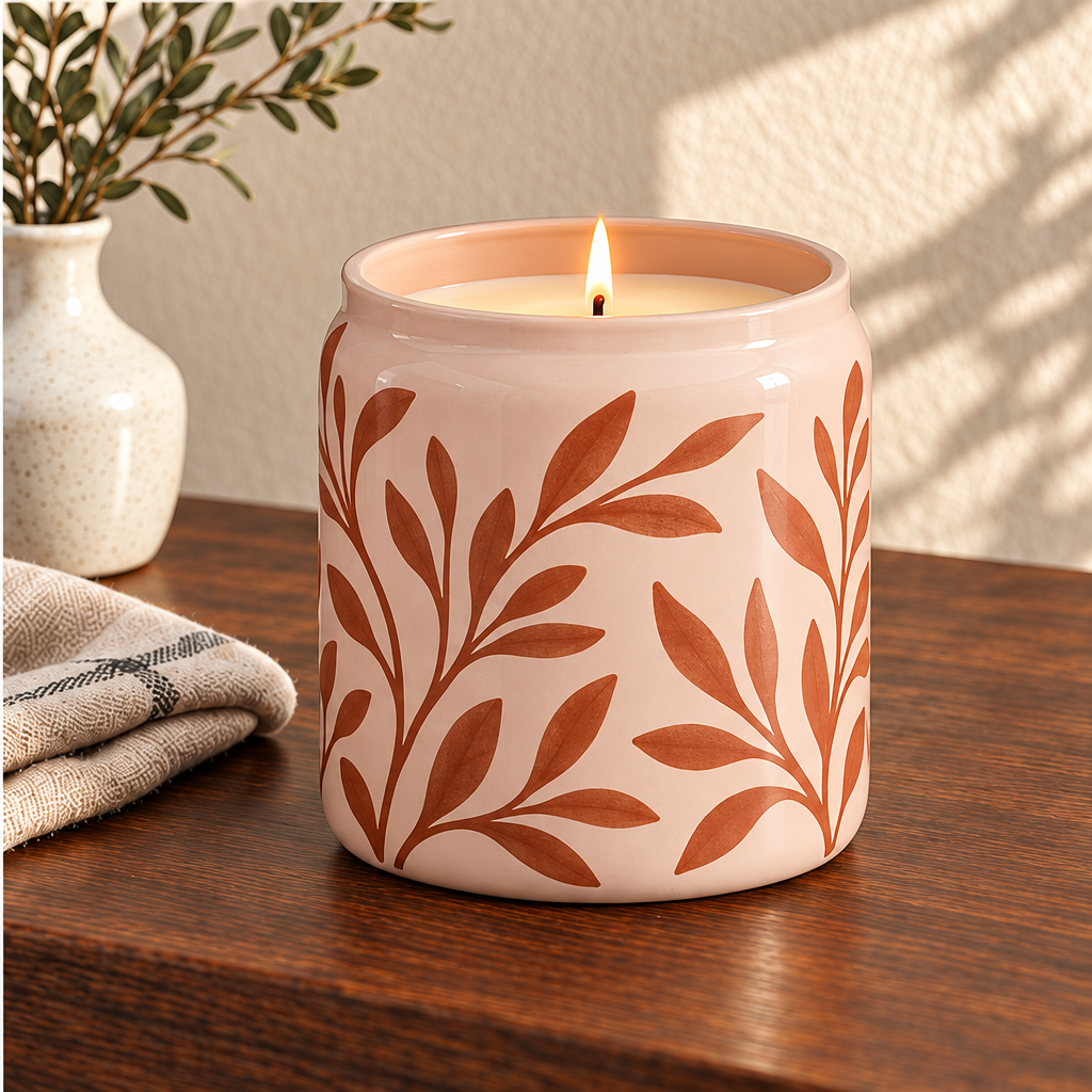 Merqavi™ Terracotta Leaf Ceramic Large Jar Candle