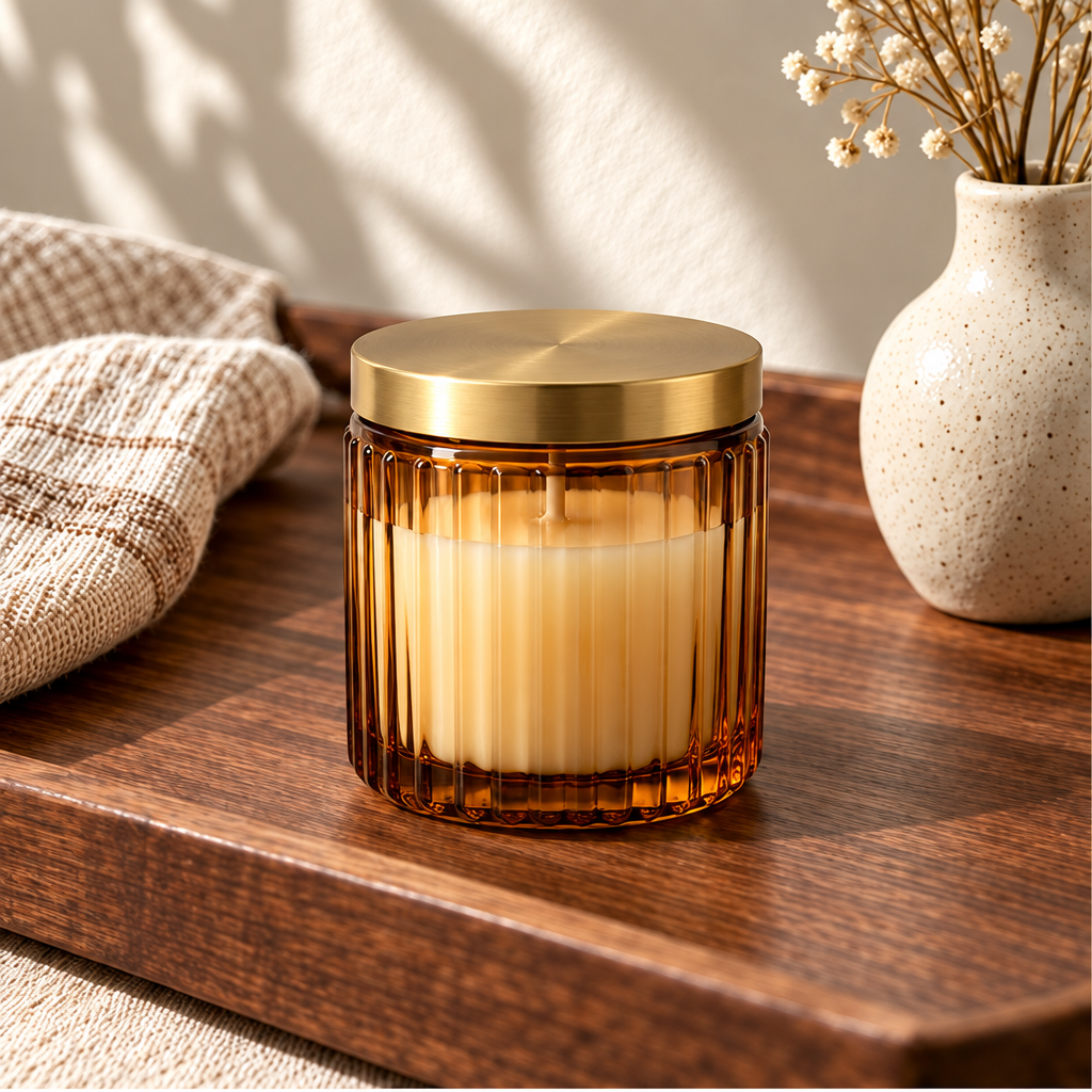 Merqavi™ Amber Ribbed Glass Brass Lid Sample Candle