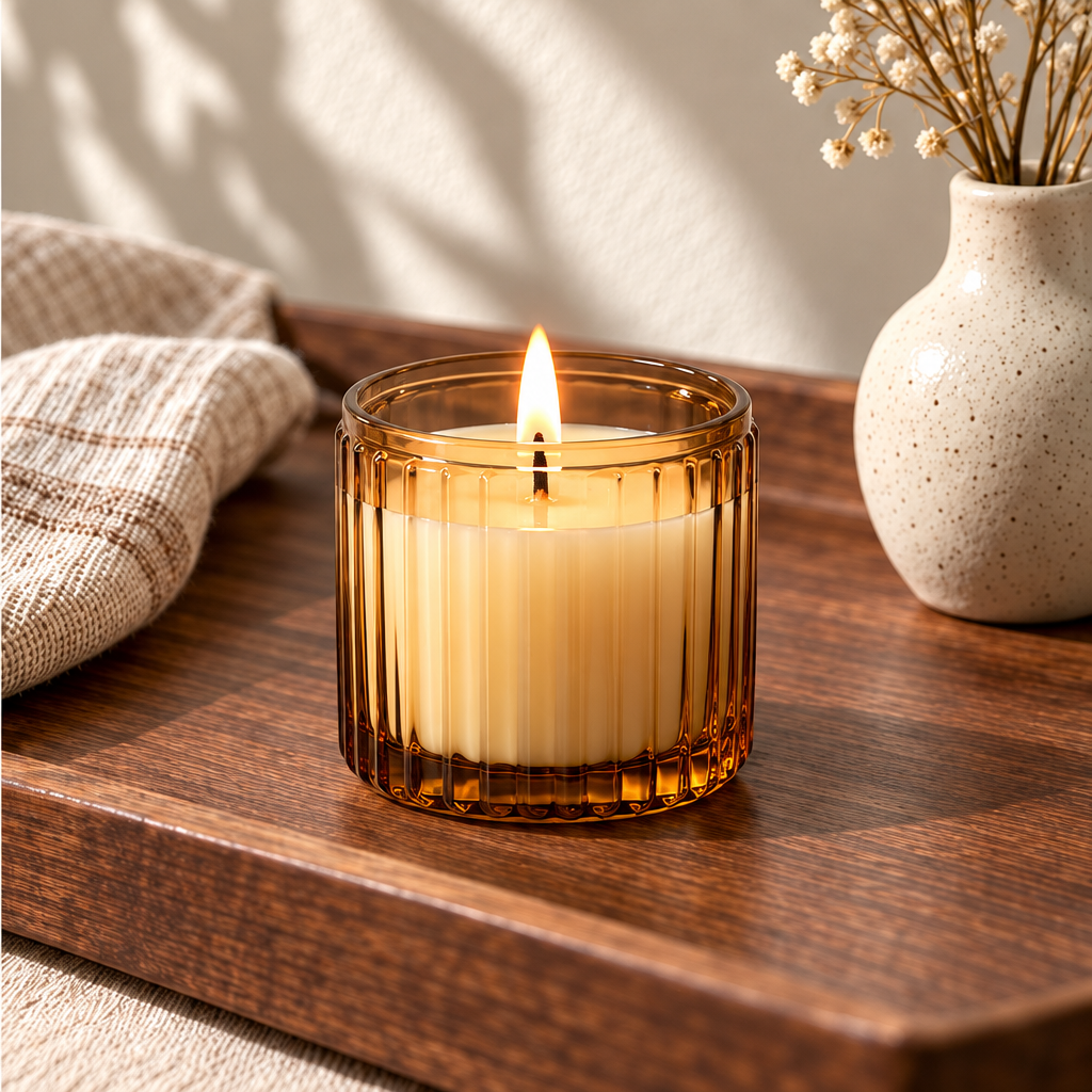 Merqavi™ Amber Ribbed Glass Brass Lid Sample Candle