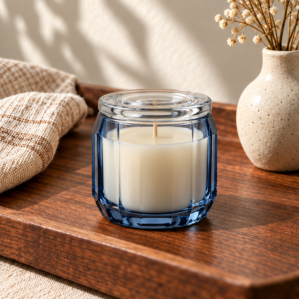 Merqavi™ Blue Faceted Glass Clear Lid Sample Candle