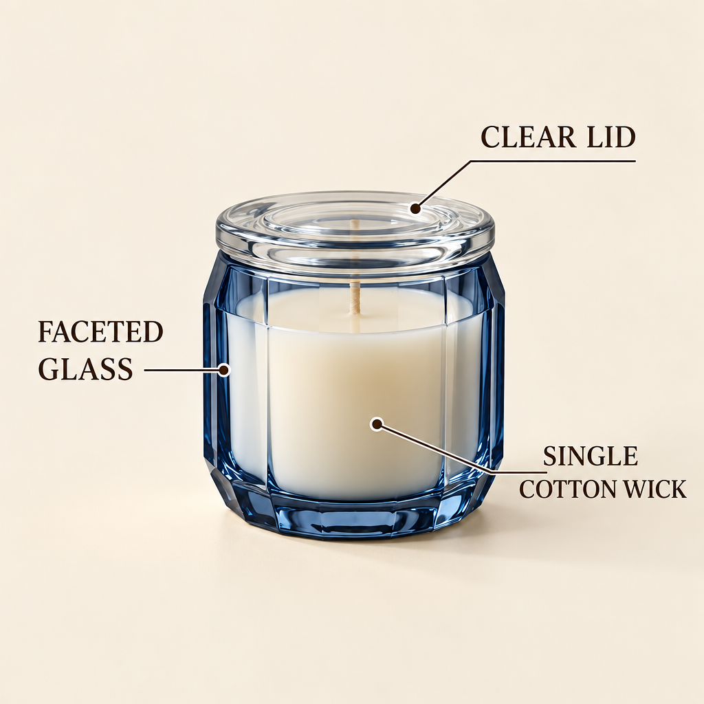 Merqavi™ Blue Faceted Glass Clear Lid Sample Candle