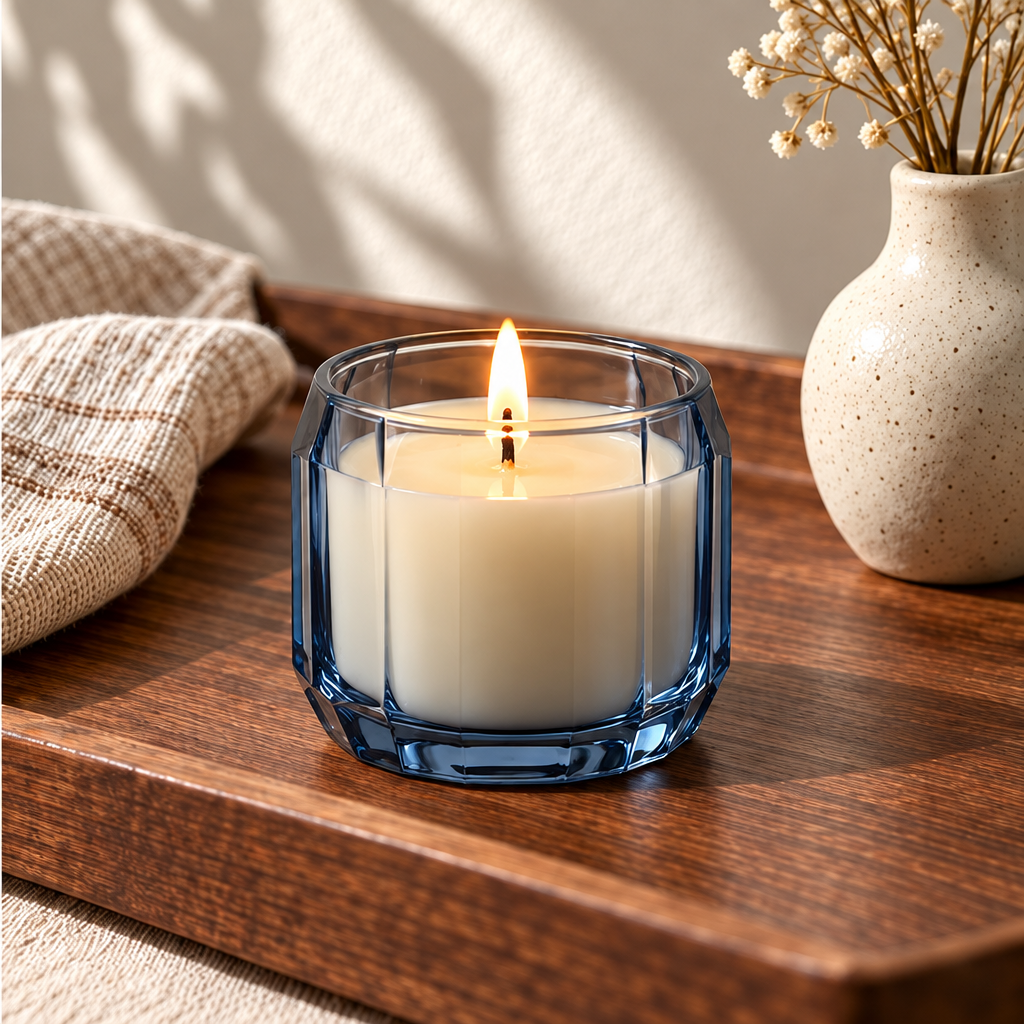 Merqavi™ Blue Faceted Glass Clear Lid Sample Candle